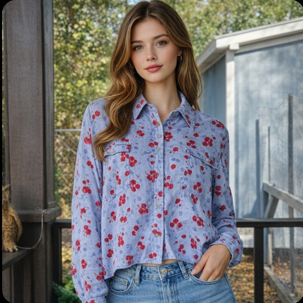Women's Light Blue Floral Button-Down Shirt with Red Print
